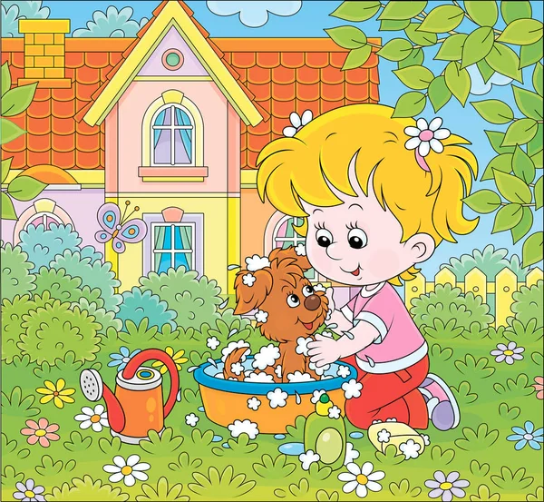 かわいいです女の子洗浄彼女の小さな子犬で流域で後で緑の芝生の上でカラフルな家の前で晴れた夏の日 ベクトル漫画イラスト — ストックベクタ