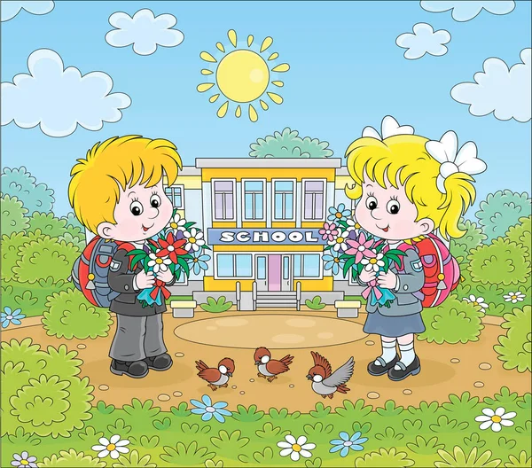 Šťastné Školáci Barevnými Kyticemi Květin Školní Brašny Stojící Před Jejich — Stockový vektor
