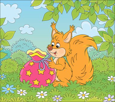 Joyful and friendly smiling red squirrel holding a beautiful bag with a holiday gift on a green forest glade on a warm summer day, vector cartoon illustration clipart