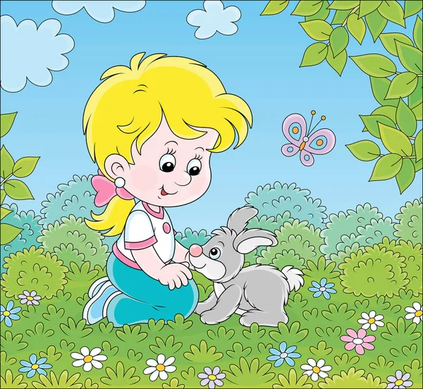 Niña Sonriente Jugando Con Pequeño Conejito Gris Entre Flores Hierba — Vector de stock