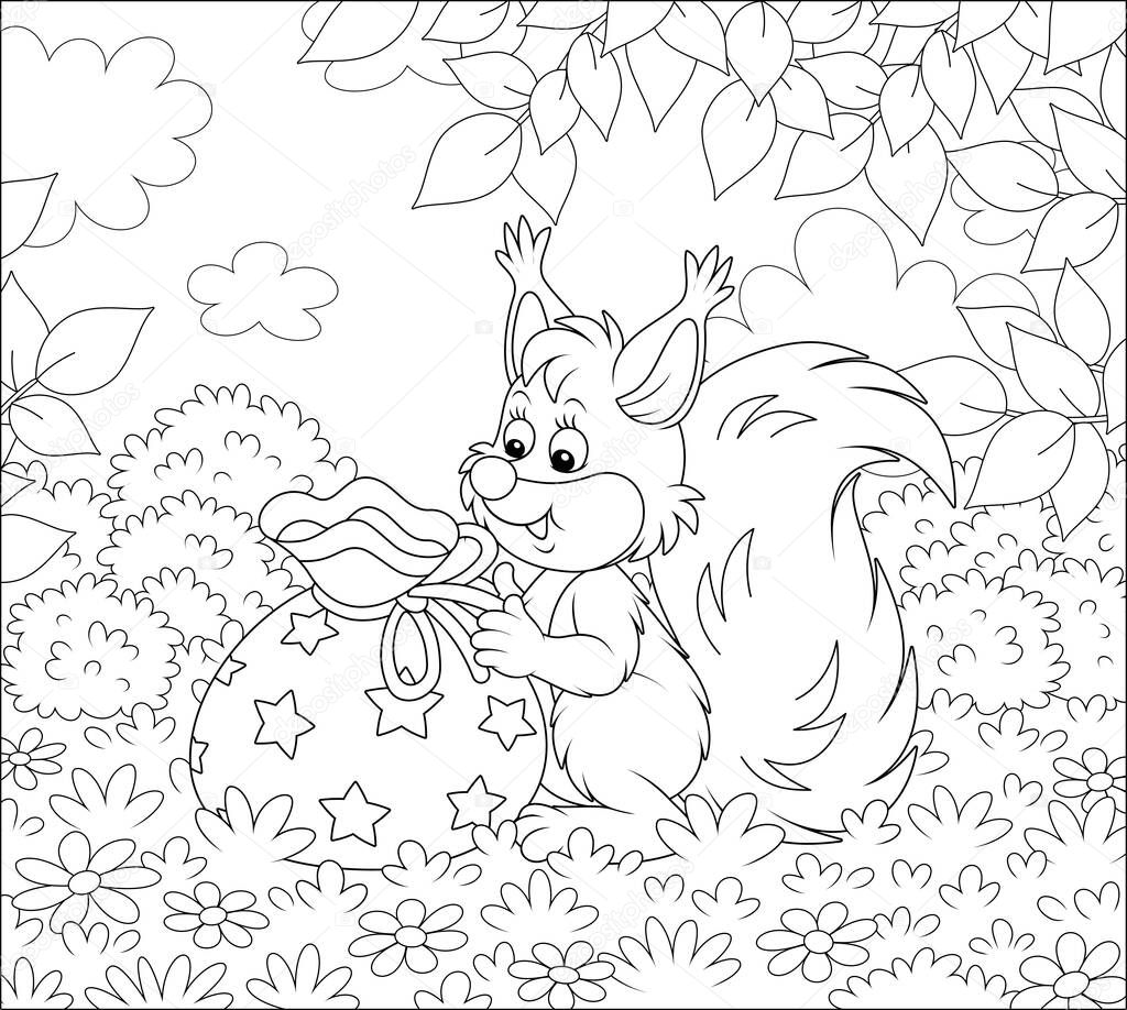 Joyful and friendly smiling squirrel holding a beautiful bag with a holiday gift on a pretty forest glade, black and white vector cartoon illustration for a coloring book