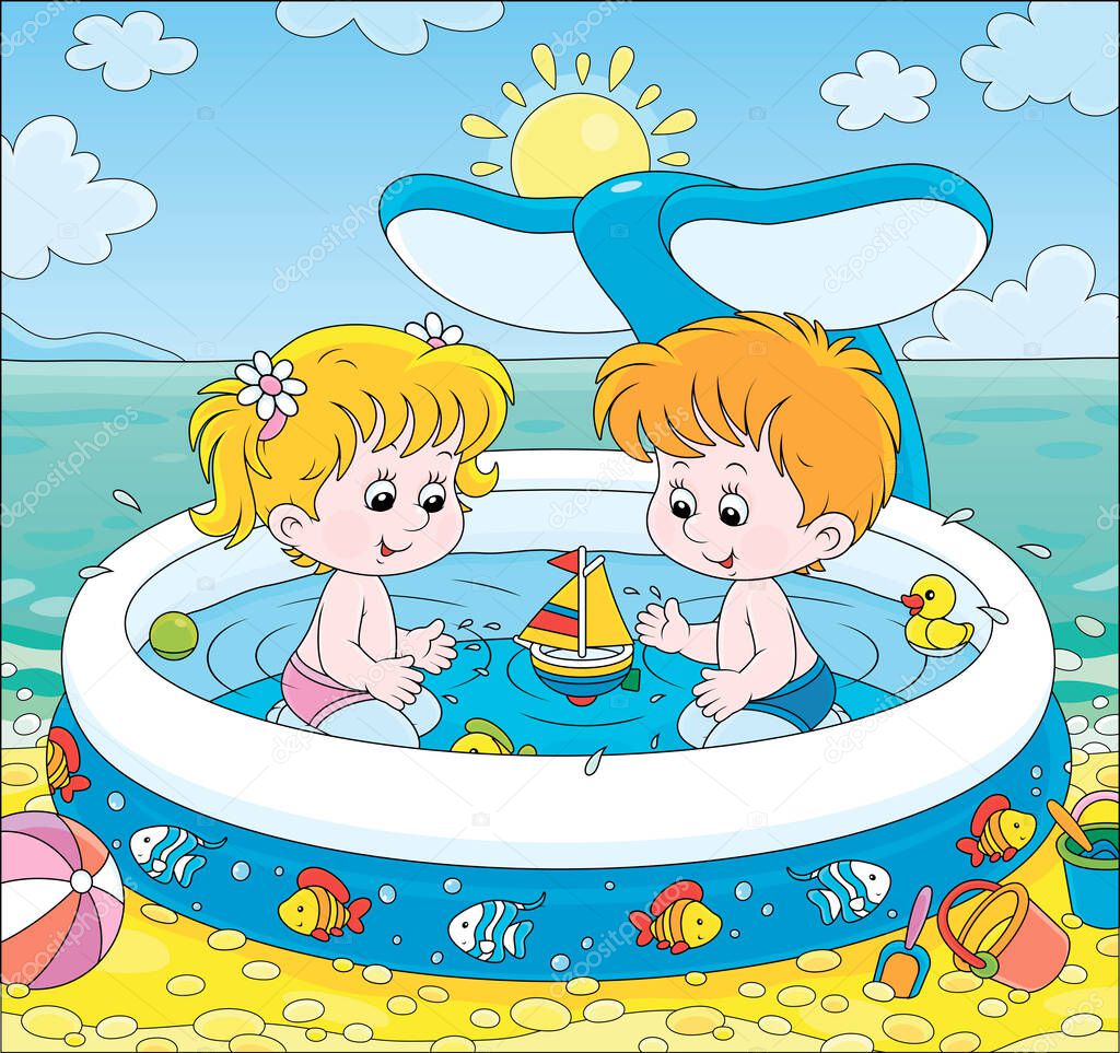 Happy little kids with toys playing in an inflatable paddling pool near water on a sea beach on a sunny summer day, vector cartoon illustration
