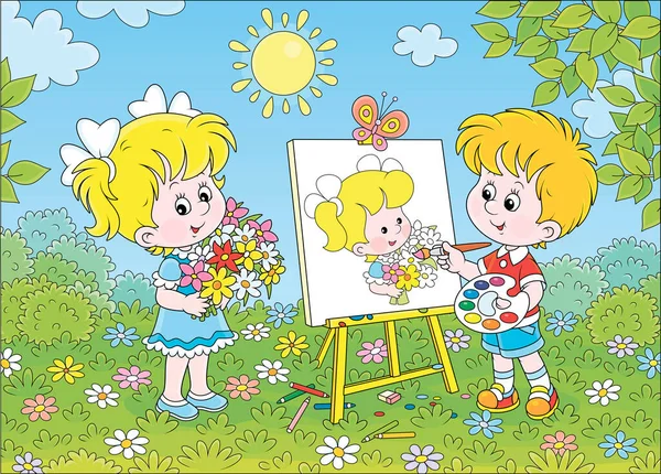 夏の晴れた日に緑の庭でカラフルな花の花束とかわいい笑顔の女の子の肖像画を描く小さな男の子 ベクトル漫画のイラスト — ストックベクタ