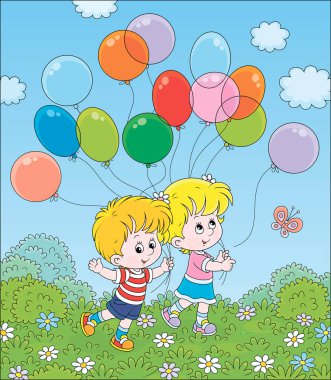 Güneşli bir yaz gününde parkta renkli balonlarla yürüyen çocuklar, vektör karikatür çizimi