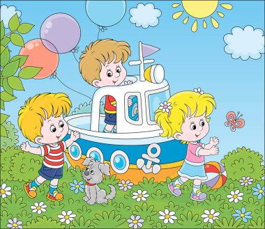 Küçük çocuklar ve onların yavru köpekleri bir oyun parkındaki oyuncak gemide oynuyorlar, vektör karikatür çizimleri.