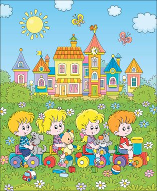 Küçük çocuklar oyun parkında oyuncak trende oynuyorlar, vektör karikatür çizimleri.