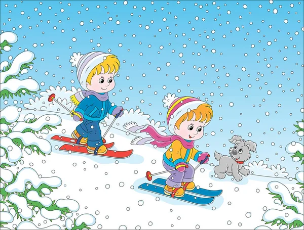 아이들은 눈덮인 공원에서 스키를 언덕을 내려오며 만화를 그리고 — 스톡 벡터