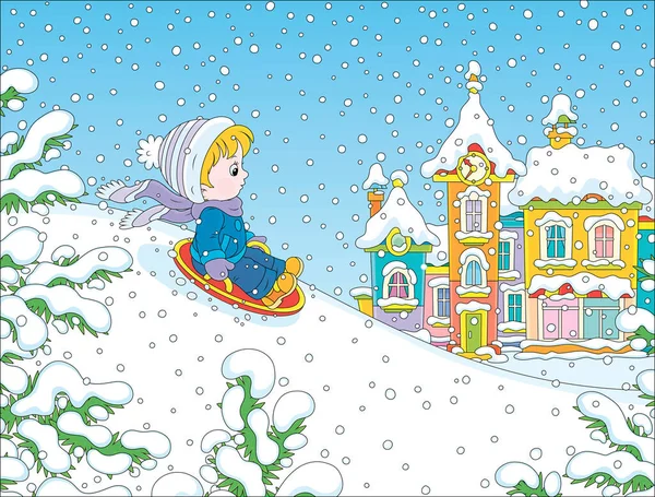 Małe Dziecko Zjeżdżające Śnieżnego Wzgórza Placu Zabaw Zimowym Parku Miasta — Wektor stockowy