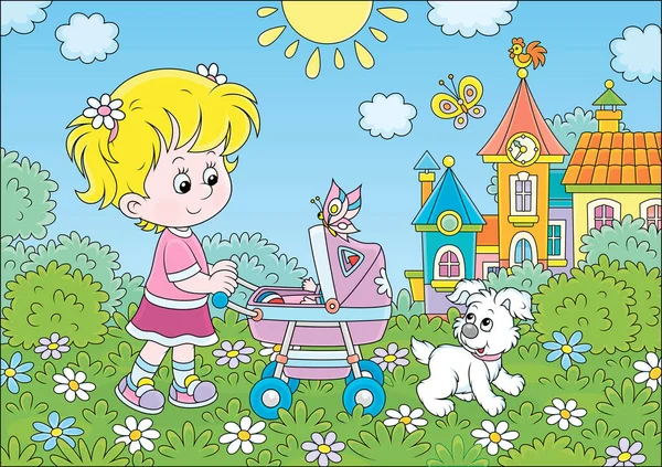 Niña Caminando Con Carrito Bebé Juguete Pequeño Cachorro Parque Una — Vector de stock