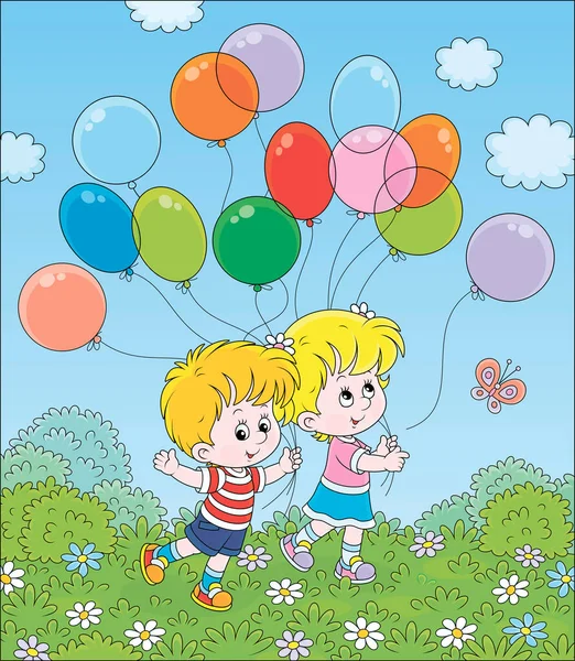 Bambini Che Camminano Con Palloncini Colorati Parco Una Giornata Estiva — Vettoriale Stock