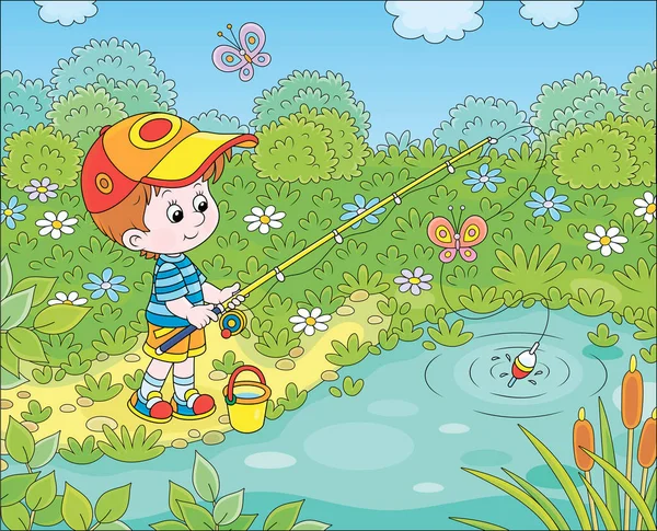 Little Boy Fisherman Fishing Rod Catching Fish Small Pond Sunny — Stock Vector