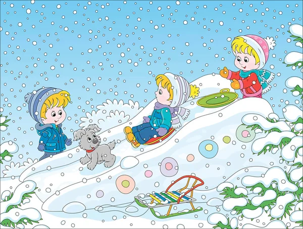 Niños Jugando Tobogán Hielo Parque Cubierto Nieve Parque Invierno Ilustración — Vector de stock