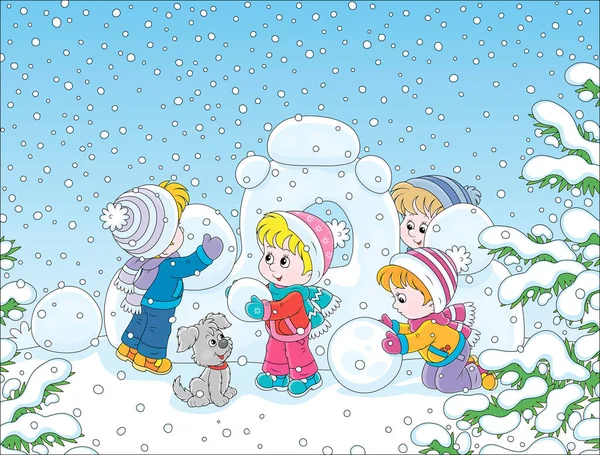 冬の雪に覆われた公園の遊び場に雪の要塞を建てる小さな子供たち ベクトル漫画のイラスト — ストックベクタ