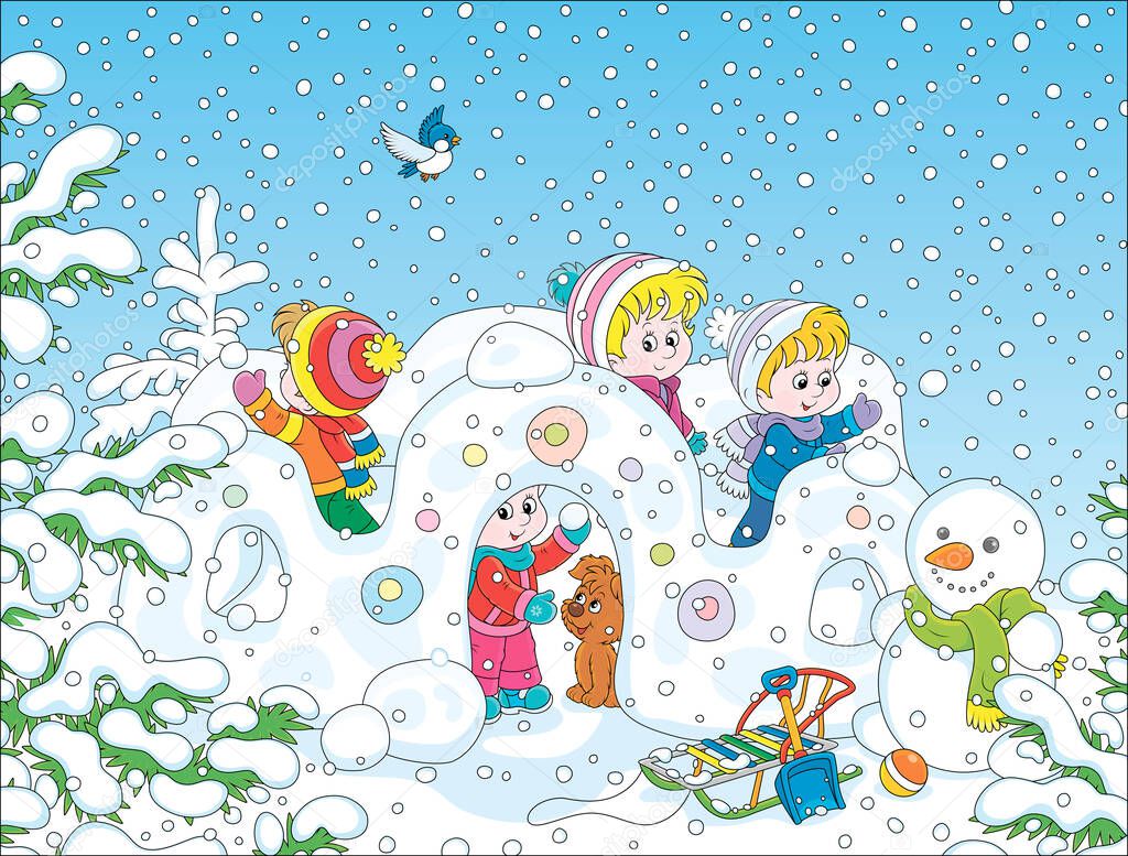 Small children playing in their toy snow fortress on a playground in a winter snow-covered park, vector cartoon illustration