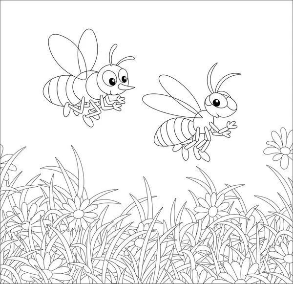 Pruhované Včely Vosy Bzučící Létající Nad Polem Kvetoucími Heřmánky Teplého — Stockový vektor