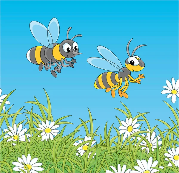 Смугаста Жовта Чорна Бджола Оси Дзижчать Літають Над Зеленим Полем — стоковий вектор