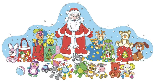 Santa Claus Jeho Kouzelné Dárkové Tašky Barevné Hračky Nádherné Dárky — Stockový vektor