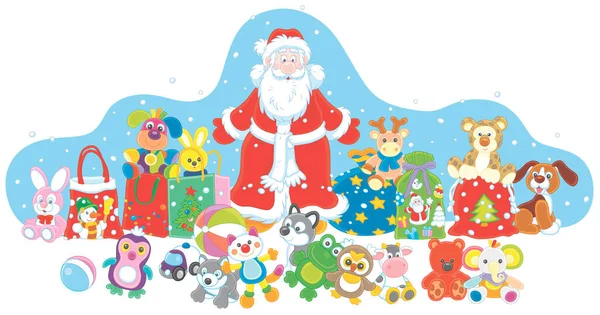 Kerstman Met Zijn Magische Geschenktas Kleurrijk Speelgoed Prachtige Cadeaus Besneeuwde — Stockvector