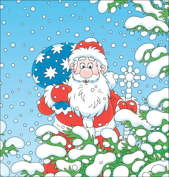 Der Weihnachtsmann Mit Seiner Wundertüte Voller Weihnachtsgeschenke Inmitten Schneebedeckter Tannenzweige — Stockvektor