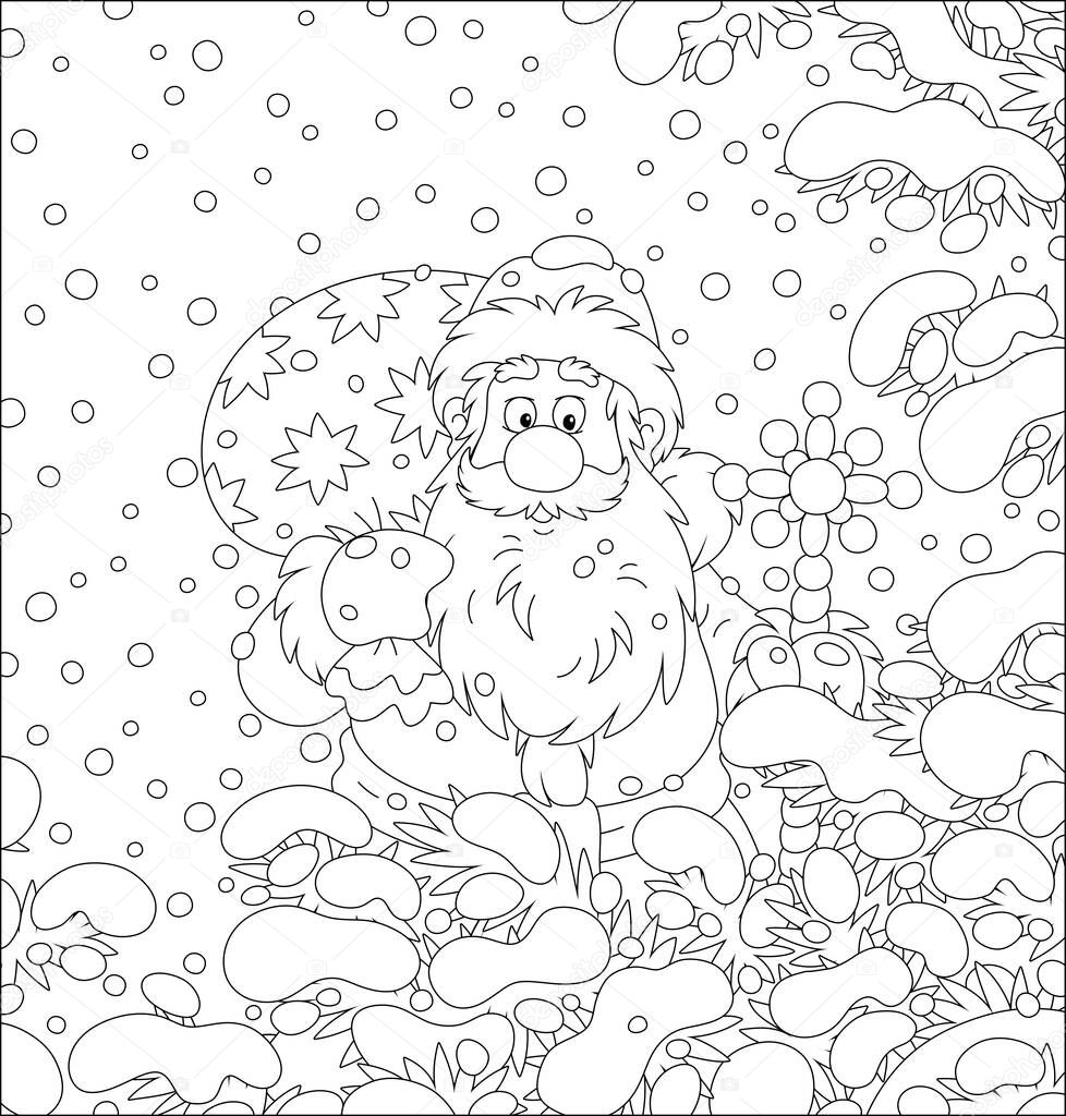 Santa Claus with his magic bag of Christmas gifts among snow-covered fir branches of a winter forest on the cold snowy day, black and white outline vector cartoon illustration