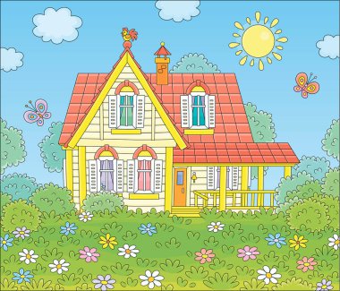 Colorful village house and a green lawn with flowers and flittering butterflies on a sunny summer day, vector cartoon illustration clipart