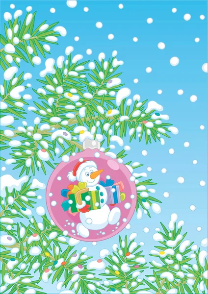 Bola Árbol Navidad Con Muñeco Nieve Sonriente Cajas Colores Regalos — Vector de stock