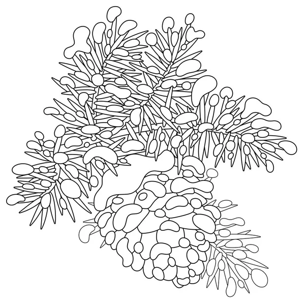 圆锥挂在被雪覆盖的长满刺的树枝上 黑色和白色的轮廓矢量卡通画作为彩色书页 — 图库矢量图片