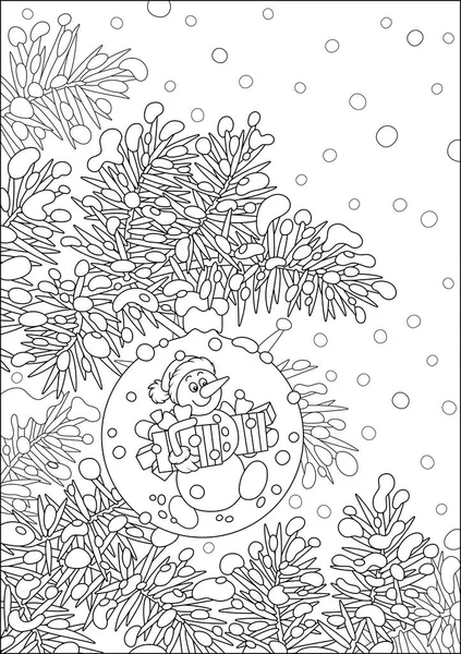 雪に覆われた冬の日にモミの枝に優しい笑顔の雪だるまと休日の贈り物の箱とクリスマスツリーボール 黒と白のベクトル漫画のイラスト ストックベクター