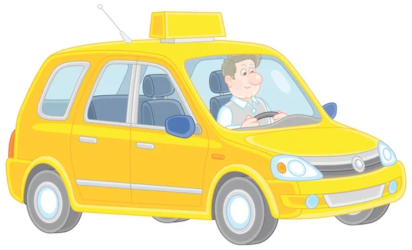 Amistoso Taxista Sonriente Nueva Cabina Amarilla Ilustración Dibujos Animados Vectoriales — Archivo Imágenes Vectoriales