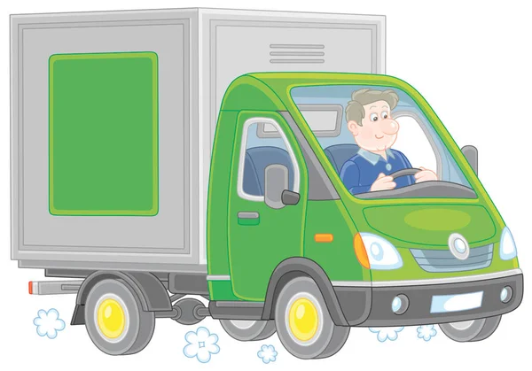 Motorista Sorridente Sua Pequena Van Entrega Verde Para Transporte Mercadorias — Vetor de Stock