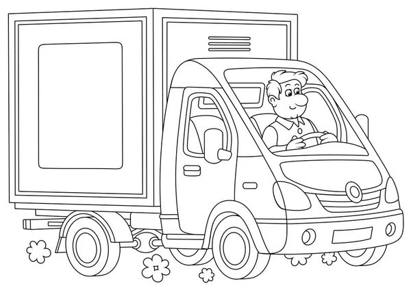 Smiling Driver His Small Delivery Van Transporting Goods Black White — Stock Vector