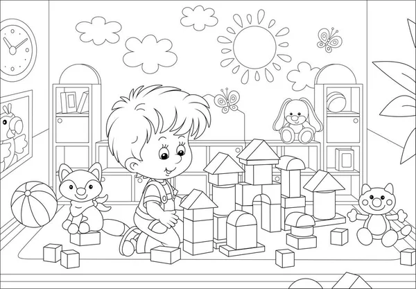 幸せな男の子はレンガで遊んで 幼稚園のプレイルームでゲームのための面白いおもちゃの要塞を構築し 着色本のページのための黒と白のベクトル漫画のイラスト — ストックベクタ