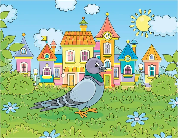 晴れた暖かい日に夏の町の公園の緑の芝生の上を歩く灰色の鳩 ベクトル漫画のイラスト — ストックベクタ