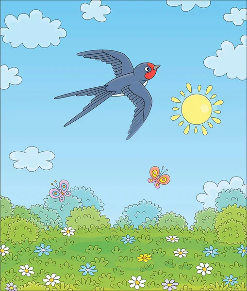 在阳光明媚的日子里 在碧绿的田野上空飞舞着的小燕子 蝴蝶在花朵间飞舞 — 图库矢量图片