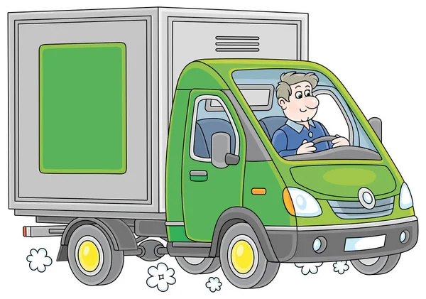 Conductor Sonriente Pequeña Furgoneta Entrega Verde Para Transporte Mercancías Ilustración — Archivo Imágenes Vectoriales