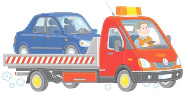 Bozuk bir arabayı servis merkezine taşıyan bir kamyonda komik bir sürücü. Beyaz arka planda vektör karikatür çizimi.