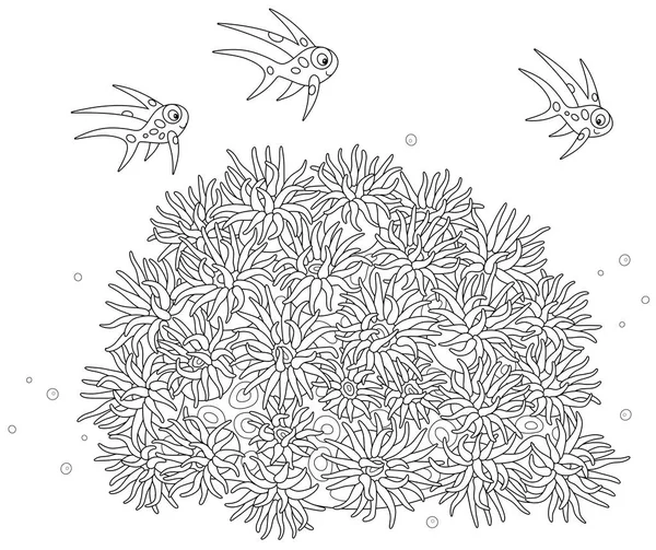 有趣而快乐的鱼在温暖的热带海中 在毒辣的海葵刺上嬉戏 在彩色的书页上画着黑白的图片说明 — 图库矢量图片
