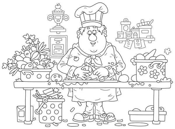 シェフの帽子と制服で面白い脂肪料理 彼のキッチンテーブルに立って おいしい食事 黒と白のアウトラインベクトル漫画のイラストを調理するための新鮮な野菜を剥離 — ストックベクタ