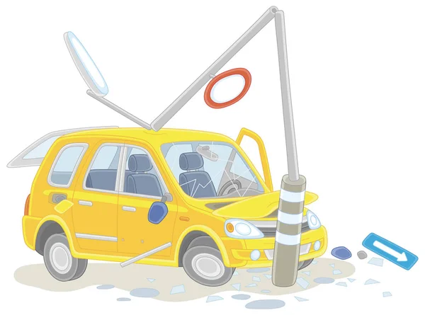 Sarı Araba Yolda Bir Sokak Lambasına Çarpmış Vektör Karikatür Çizimi — Stok Vektör
