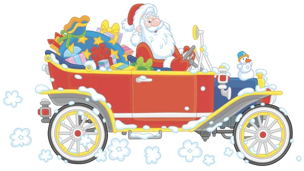 Santa Claus Driving His Old Car Christmas Gifts Children Vector — Stock Vector