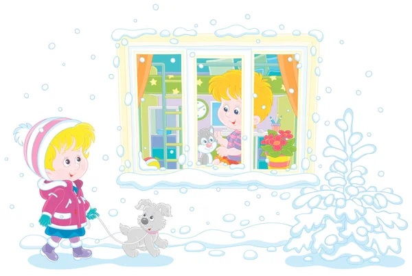 Cheerful Little Girl Walking Grey Puppy Snowy Winter Day Little — Stock Vector