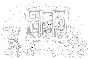 Cheerful little girl walking with a puppy on a snowy winter day, a little boy playing with a kitten and looking through a window of his room, black and white outline vector cartoon illustration clipart