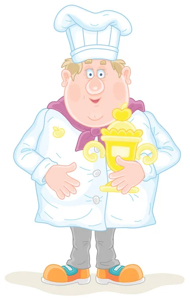 満面の笑みを浮かべて脂肪料理白い帽子と料理のための均一な 立って 競争の勝者の黄金のカップを保持し 白い背景にベクトル漫画のイラスト — ストックベクタ