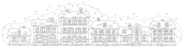 Small toy houses covered with snow on a cold and snowy winter day in a pretty town, black and white outline vector cartoon illustration for a coloring book page clipart