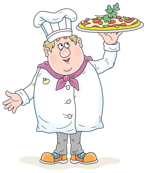 白い帽子と料理のための制服で笑顔脂肪料理 立って チーズと焼きたてのおいしいピザと丸皿を保持 トマトとオリーブ ベクトル漫画のイラスト — ストックベクタ