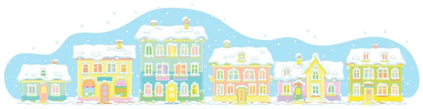 Bunte Spielzeughäuser Mit Schnee Bedeckt Einem Kalten Und Verschneiten Wintertag — Stockvektor