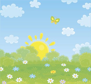 Bright yellow sun rising over a pretty green field with colorful wildflowers and a flittering butterfly in a beautiful summer morning, vector cartoon illustration clipart