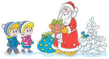 Noel Baba gülümsüyor ve sihirli Noel hediyelerini mutlu ve mutlu küçük çocuklara veriyor. Beyaz bir arka planda vektör karikatür çizimi.