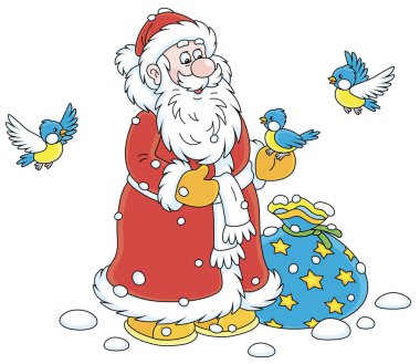 Noel Baba hediye çantasıyla, gülümseyen ve etrafında uçan küçük neşeli kuşlarla oynayan, beyaz arka planda vektör karikatür çizimi yapan