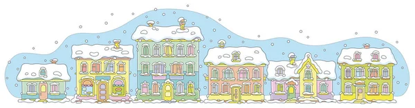 小さな町で寒い雪の冬の日に雪で覆われたカラフルなおもちゃの家 白い背景にベクトル漫画のイラスト — ストックベクタ